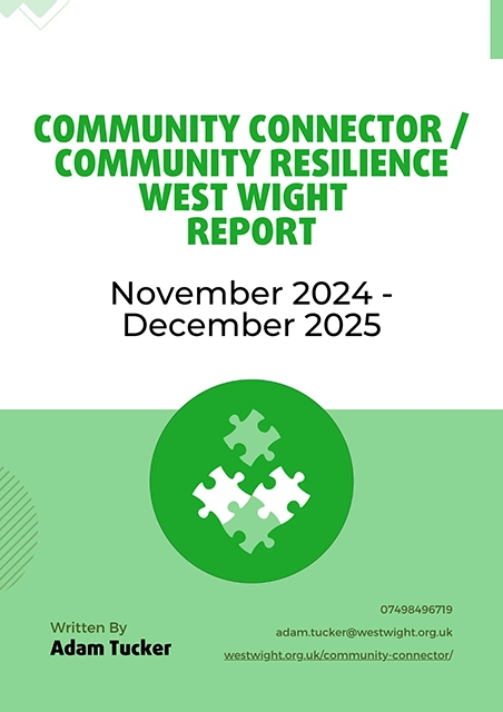 Community Connector Report 2025 title page. Image show report spans period November 2024 to December 2025. Logo of 4 puzzle pieces fitting together on a green background is shown in the lower centre of the image.